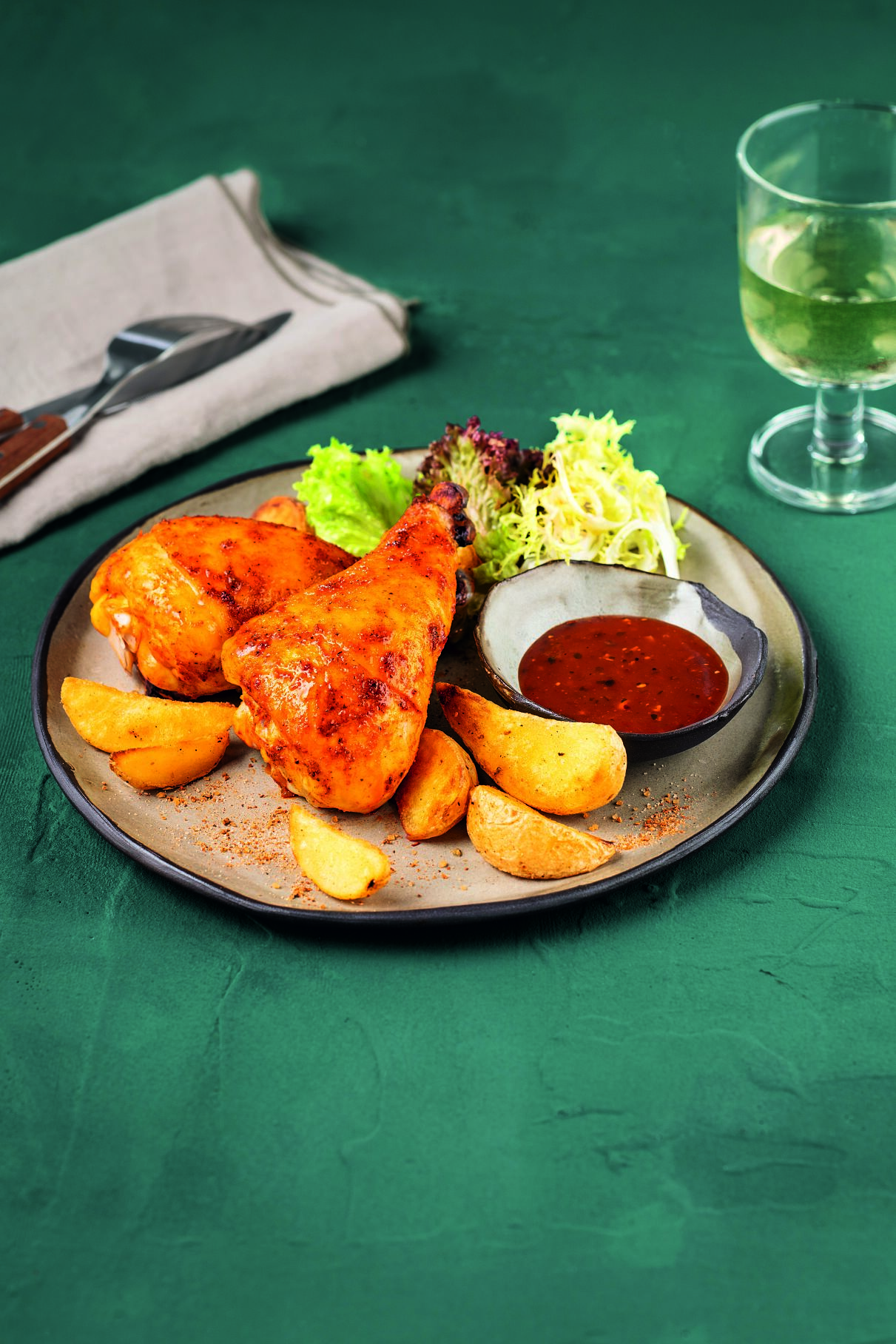 Chicken Drums mit Wedges und Dipsauce